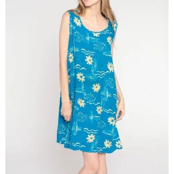 Hawaiian Mumu Dress Beach Y2K Large Womens Fish Sequin Tropical Coastal - Picture 3 of 14